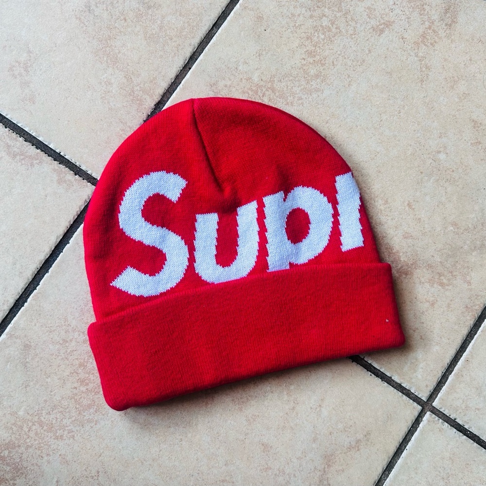 Supreme Red Knit Cap with White Logo